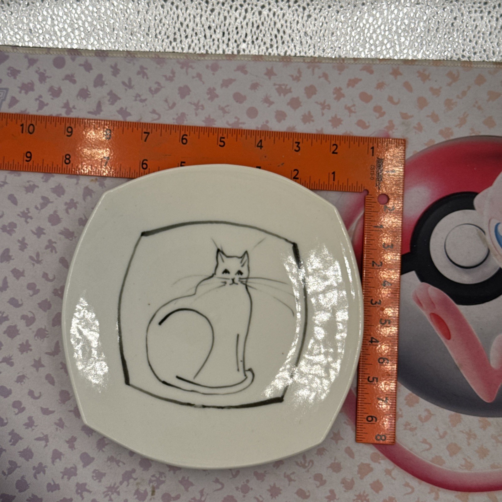 Pottery 8” Dish With Cat Picture, See Photos