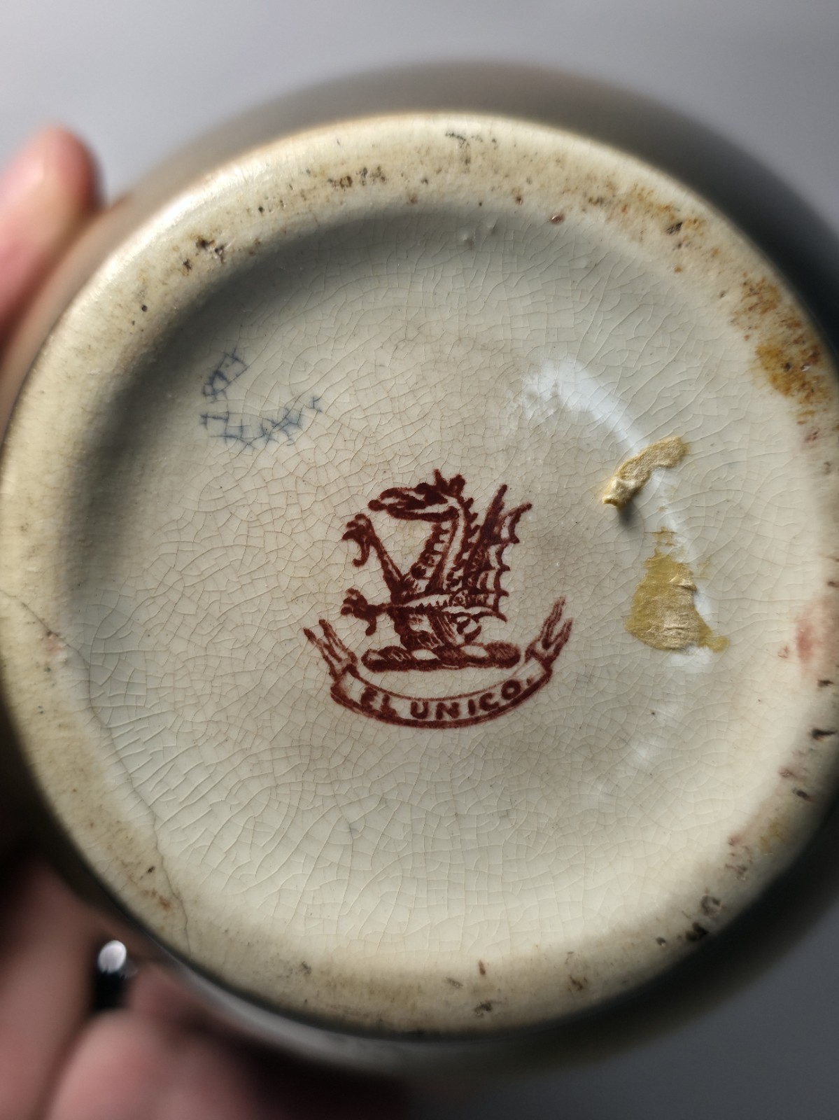 Antique Decorated Porcelain Dual Handle Pitcher Signed w/ Griffin El Unico Logo