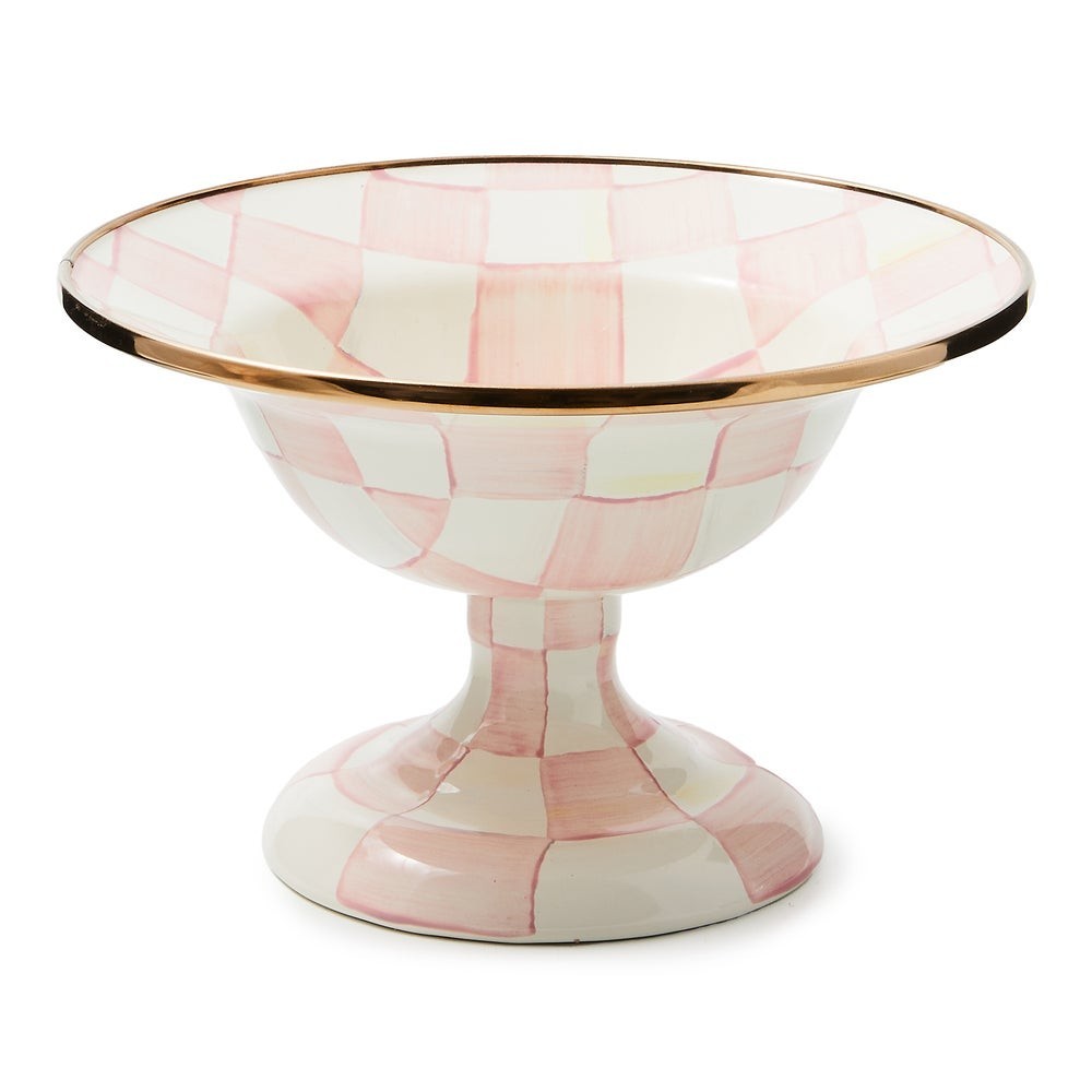 Mackenzie Childs Rosy Check pink compote bowl 10 oz. 7.5″ dia. 5″ T NEW in box!