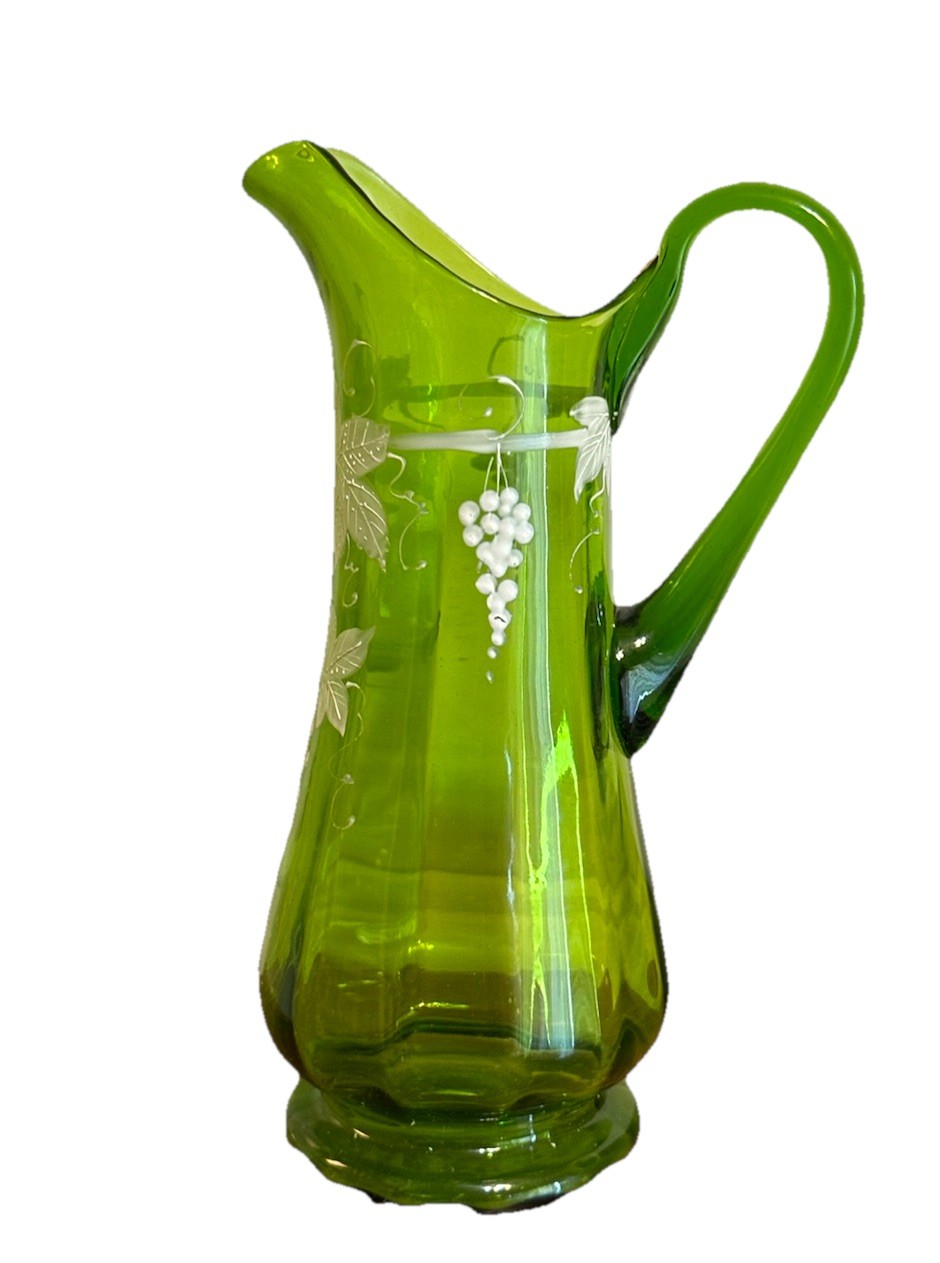 Antique Victorian Green Glass Hand Blown Pitcher 3-D Enamel Work Grape Vines