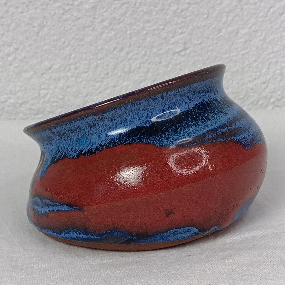 Art Pottery Studio Handcrafted Bowl Red Clay Blue Brown Glaze Slanted Angled