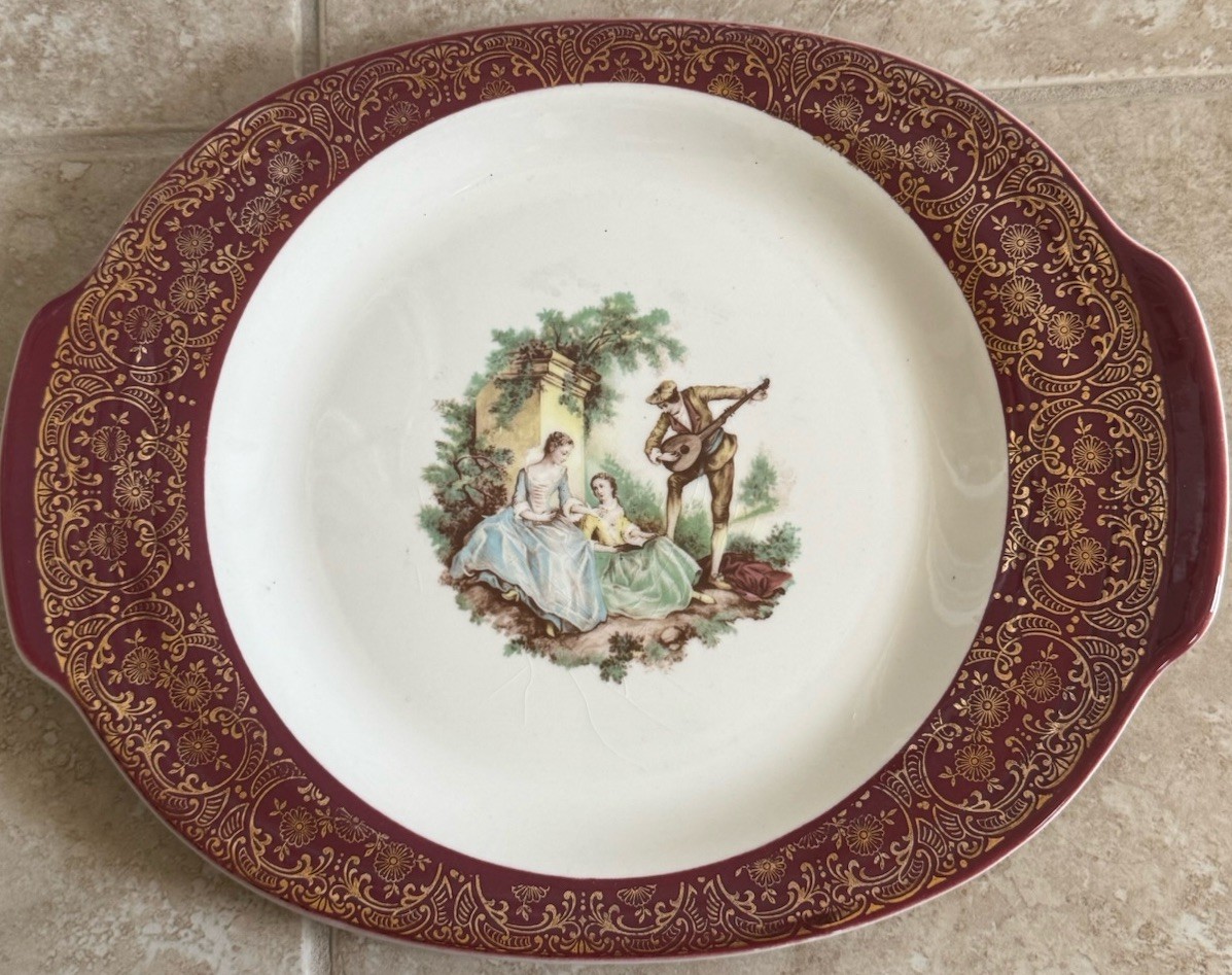 Vintage Sebring Pottery Serenade Burgundy T-S284 22K Gold Handled Platter USA