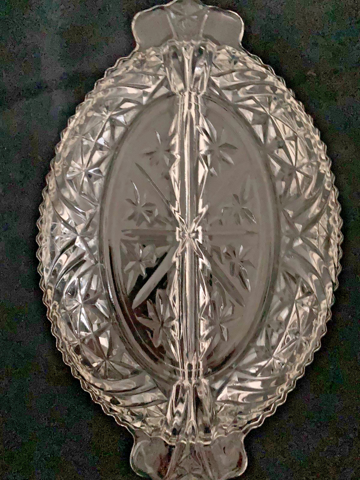 Vintage Clear Pressed Glass Oval Relish Tray Two Sections Handles Scalloped Edge