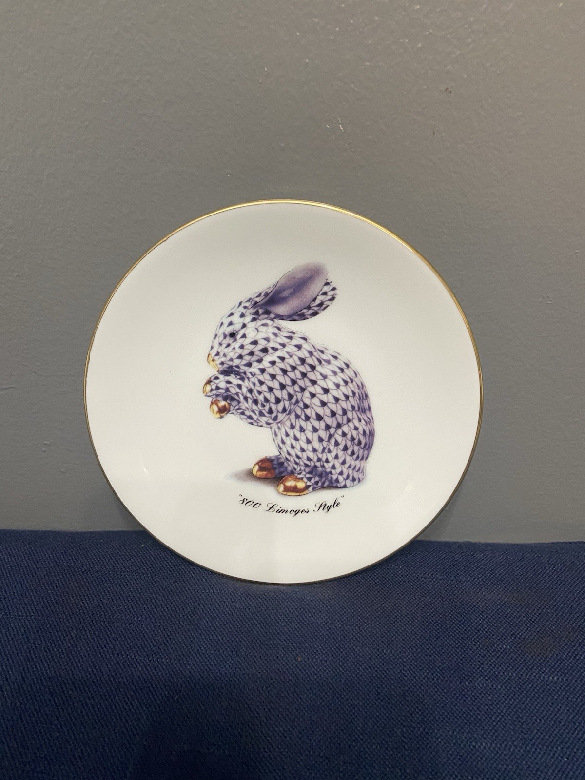 Vintage GODINGER 800 LIMOGES Style Blue Fishnet Rabbit Plate Gold Accents
