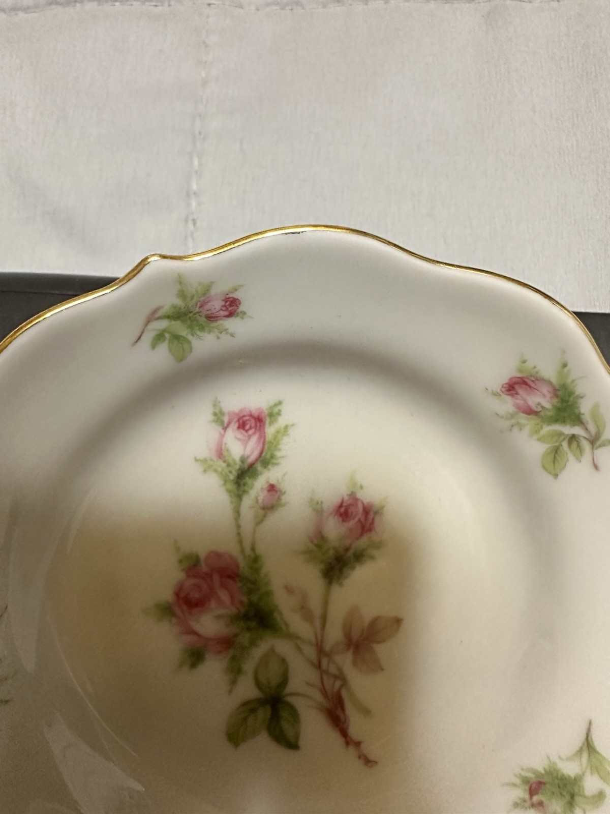 Lindner Moosrose Floral Porcelain trinket Bowl Handmade W. Germany Gold Trim