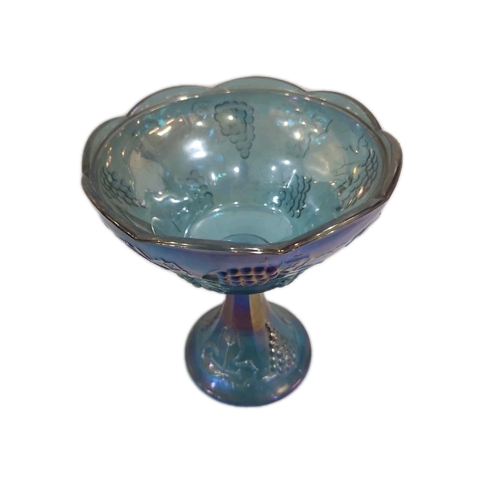 Vtg Iridescent Blue Carnival Glass Candy Dish Pedestal Bowl Grape Indiana 8″