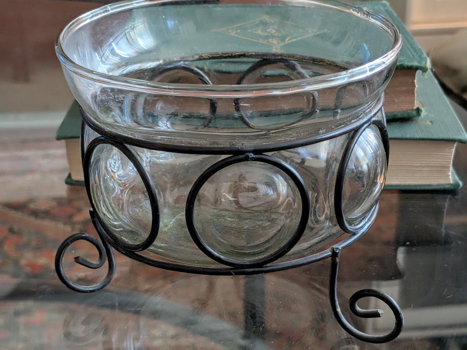 Vtg Blown Bubble Glass & Metal Caged Bowl Studio Welded Metal Frame 90s Art