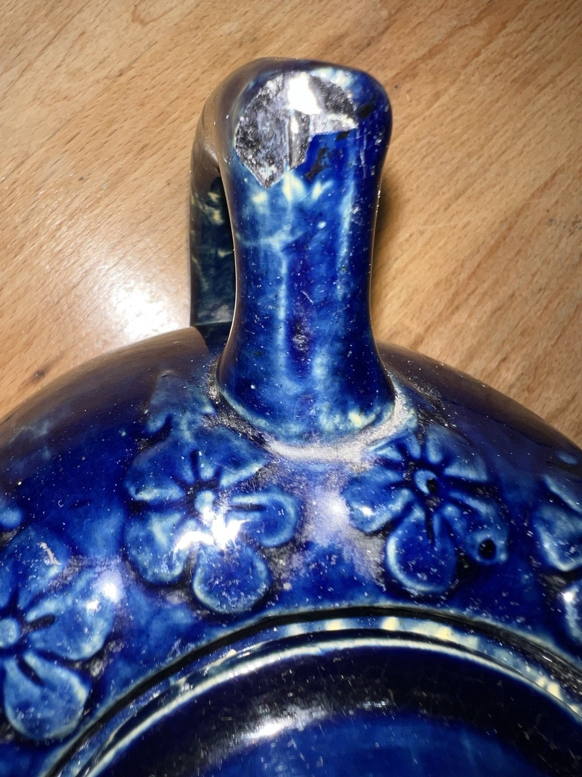 Cobalt Blue Yellow Ware Tea Pot 19th Century American Rare Blue Glaze Circa 1880