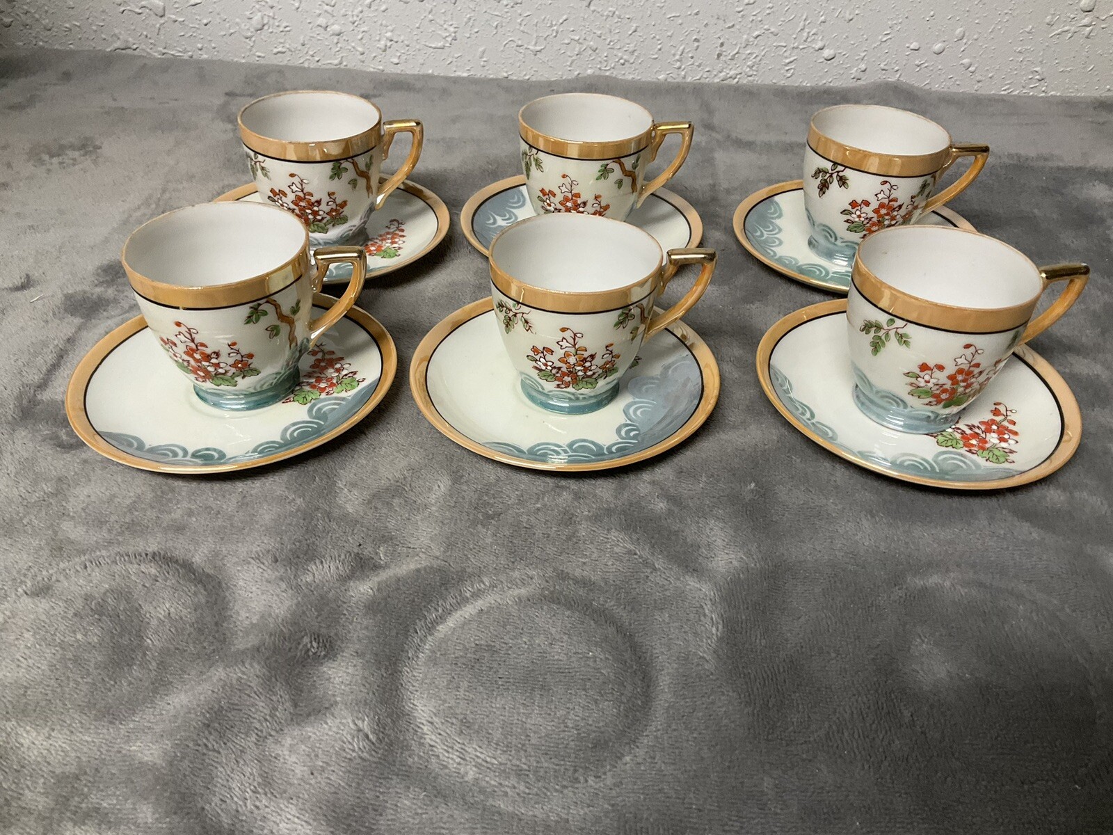 Vintage Demitasse Chikaramachi 6 Cups and 9 Saucers Hand Painted Japan