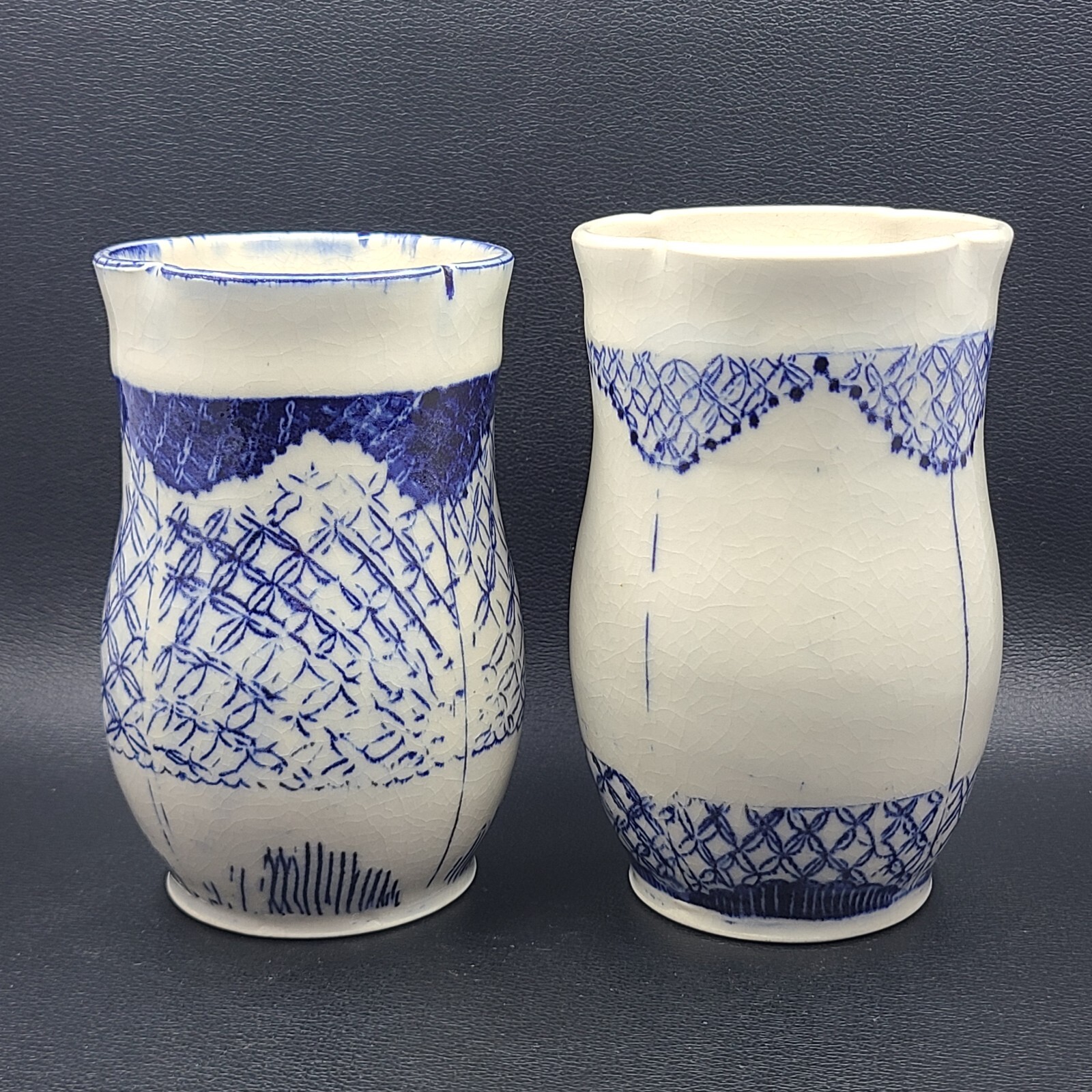 Studio Art Pottery Scalloped Asian Style Blue and White Crackled Glaze Signed