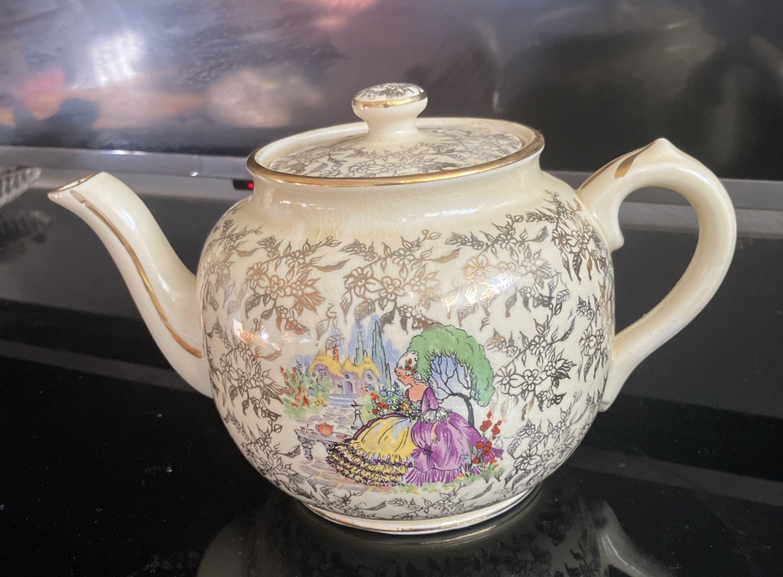 VTG. SADLER ENGLAND Porcelain Teapot Victorian Lady Floral Gold Gilt Trim