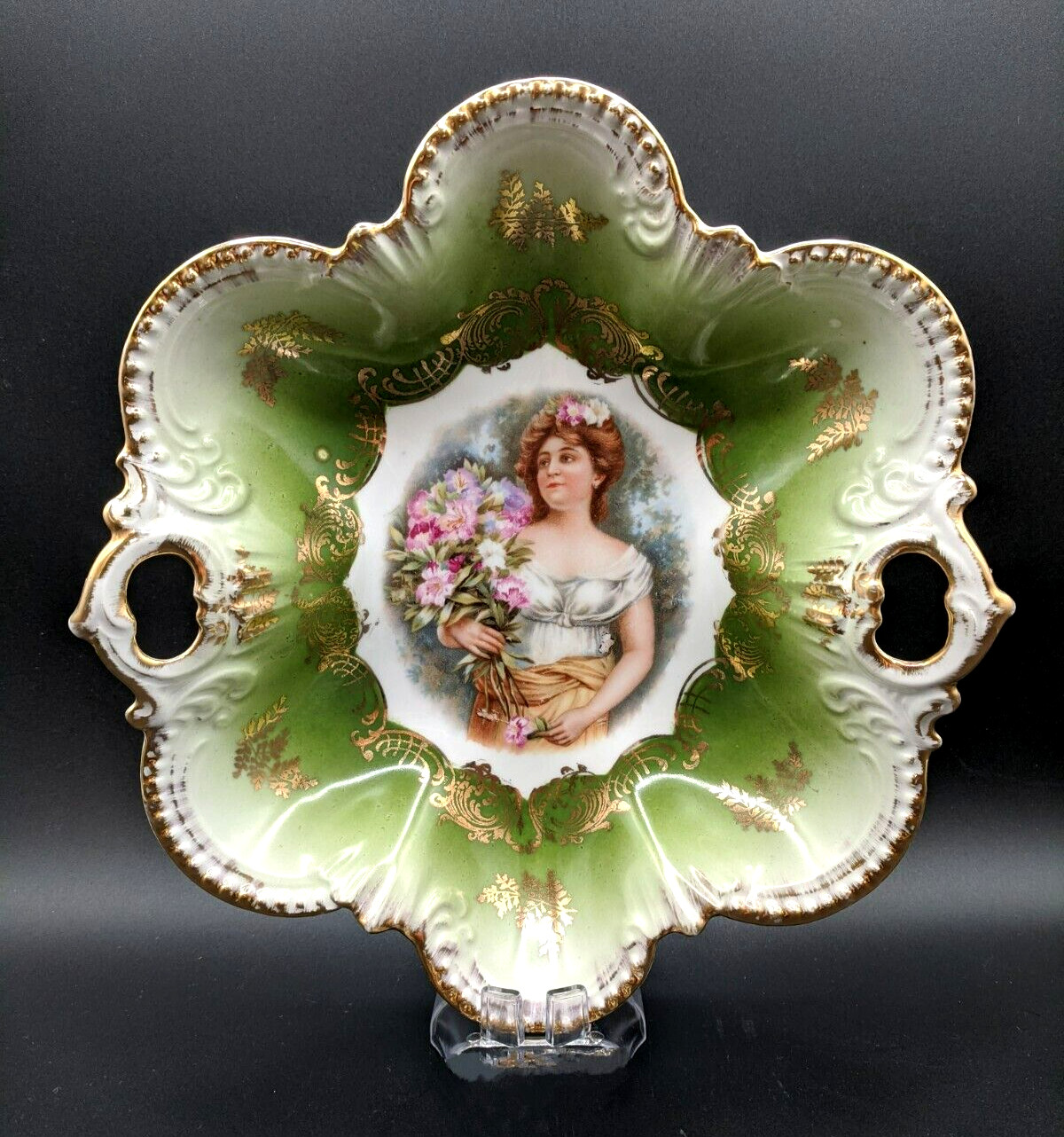 Antique Royal Bavarian China – PMB – Germany – Green & Gold – Lady with Bouquet