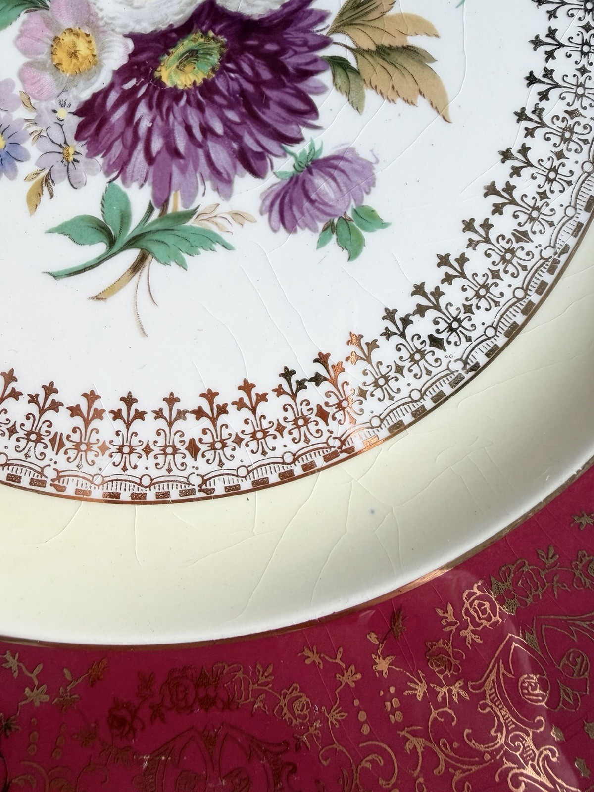 Vtg Steubenville China Dinner Plate Decorative Floral Design, Red & Gold Border