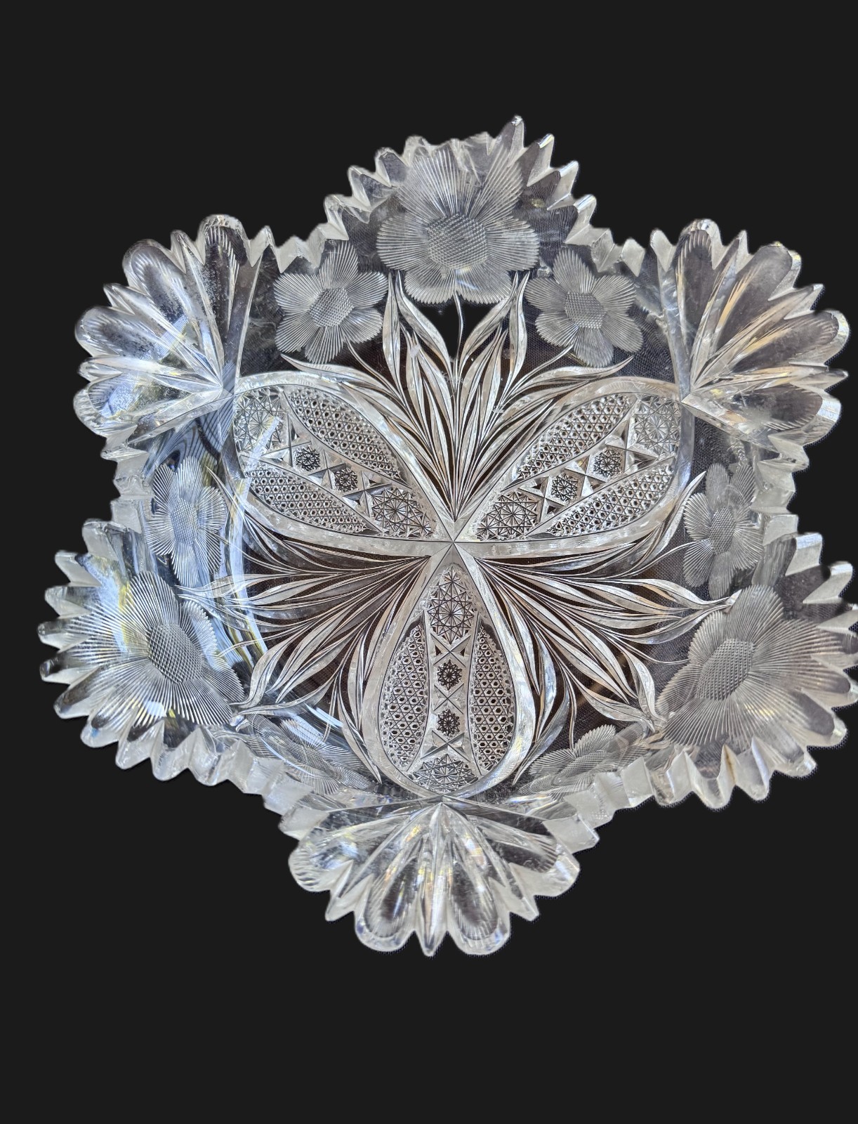 American Brilliant Period ABP Cut Glass Bowl Floral Intaglio Sawtooth 10″
