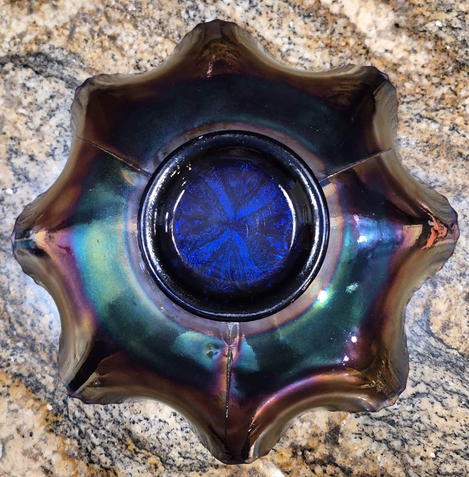 Antique Fenton Dragon/Lotus Bowl Cobalt Blue Metallic Finish 9in Across 2.5in…
