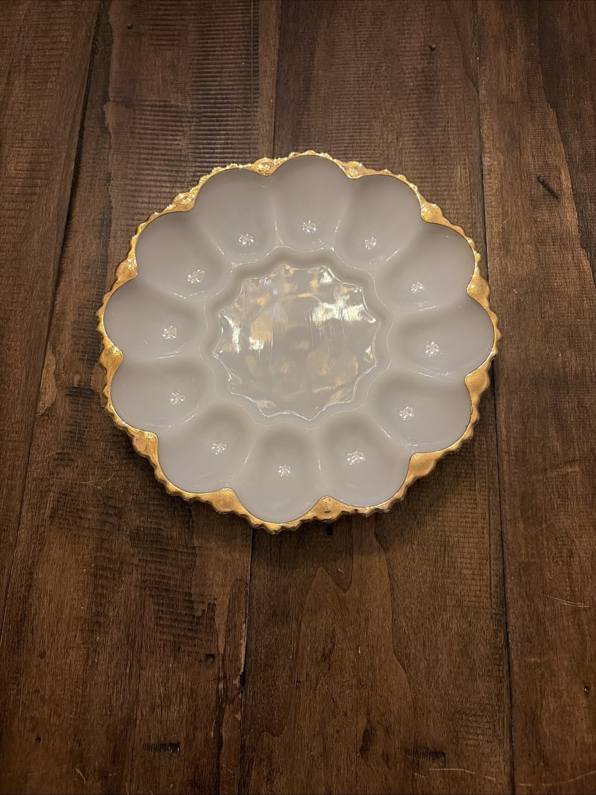 VTG 1950-1959 MCM Anchor Hocking Milk Glass Deviled Egg Plate W/Gold Rim