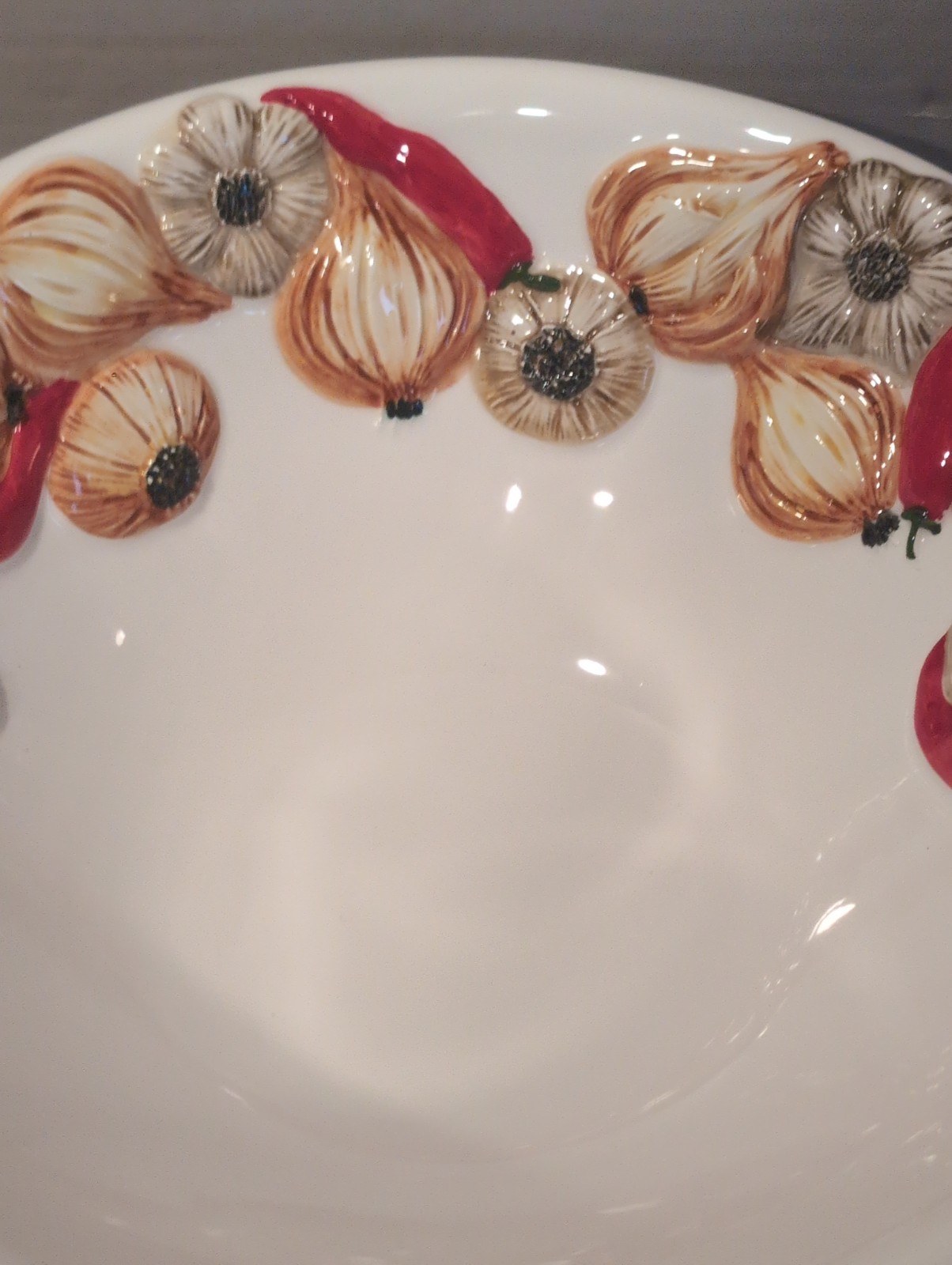 Vintage Italian Made Raised Peppers And Garlic, Onion, Ceramic Bowl 13 Inches