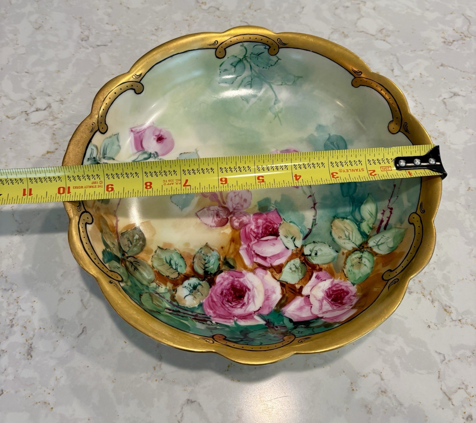 Antique Limoges France Hand Painted Pink Roses Bowl Artist Signed Gold 10.5