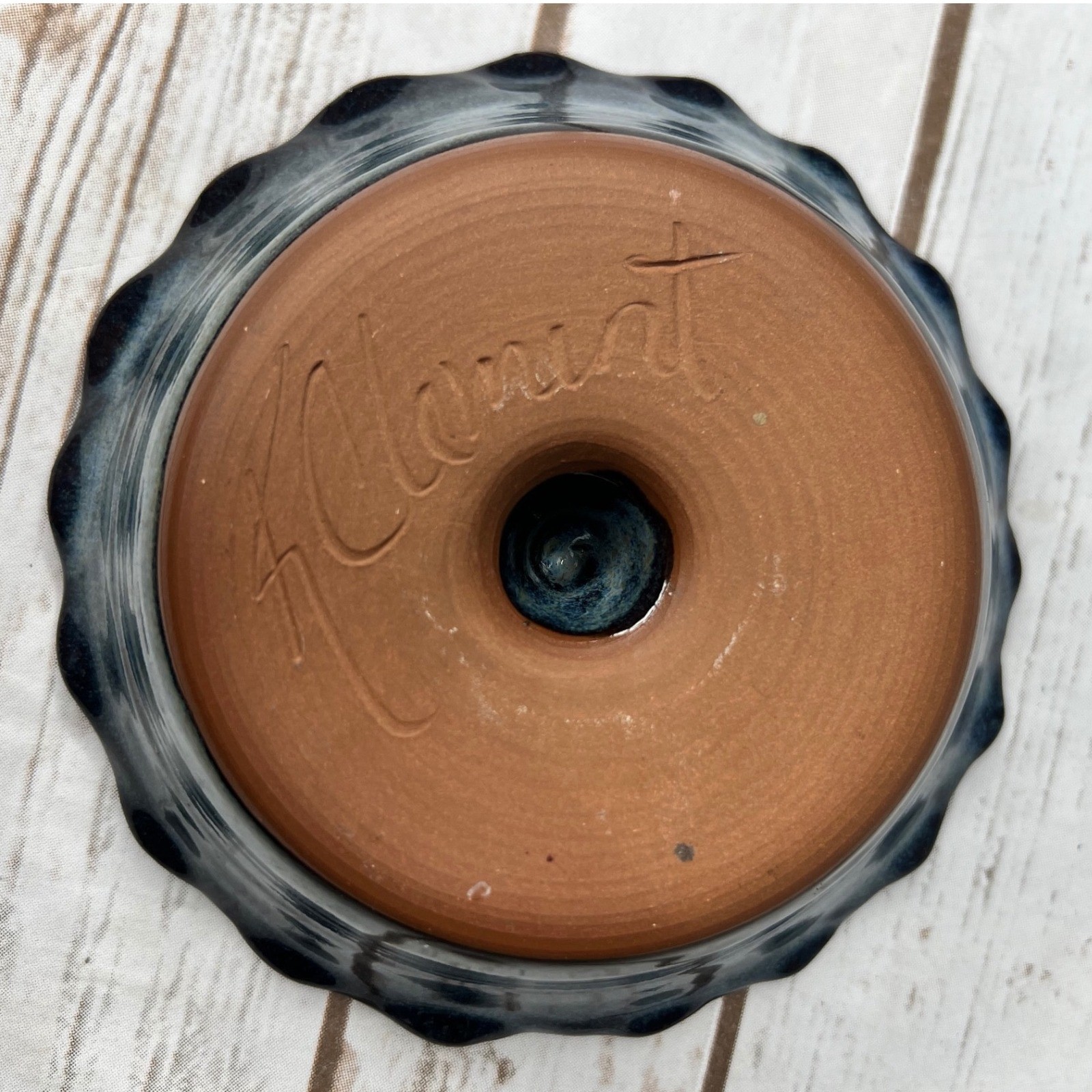Handmade Clement Clayworks Studio Pottery Apple Baker Blue Scalloped 5in