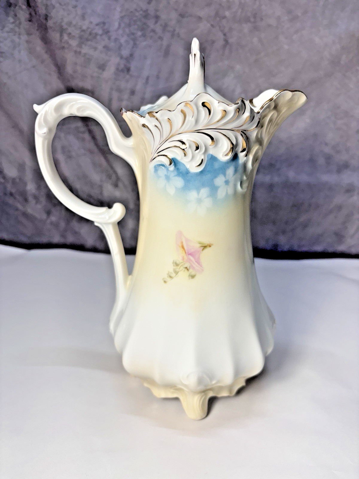 Antique R.S. Prussia Chocolate Pot with Lid Blue with Flowers FB-65