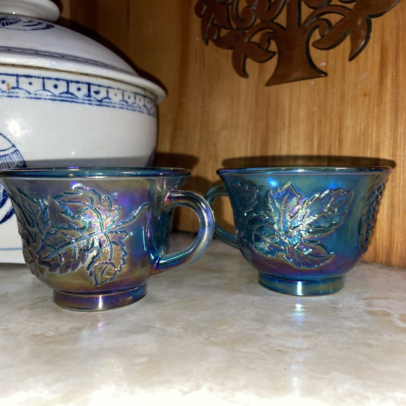2 – Vintage Iridescent Blue Indiana Carnival Glass Grape Harvest Punch Cups