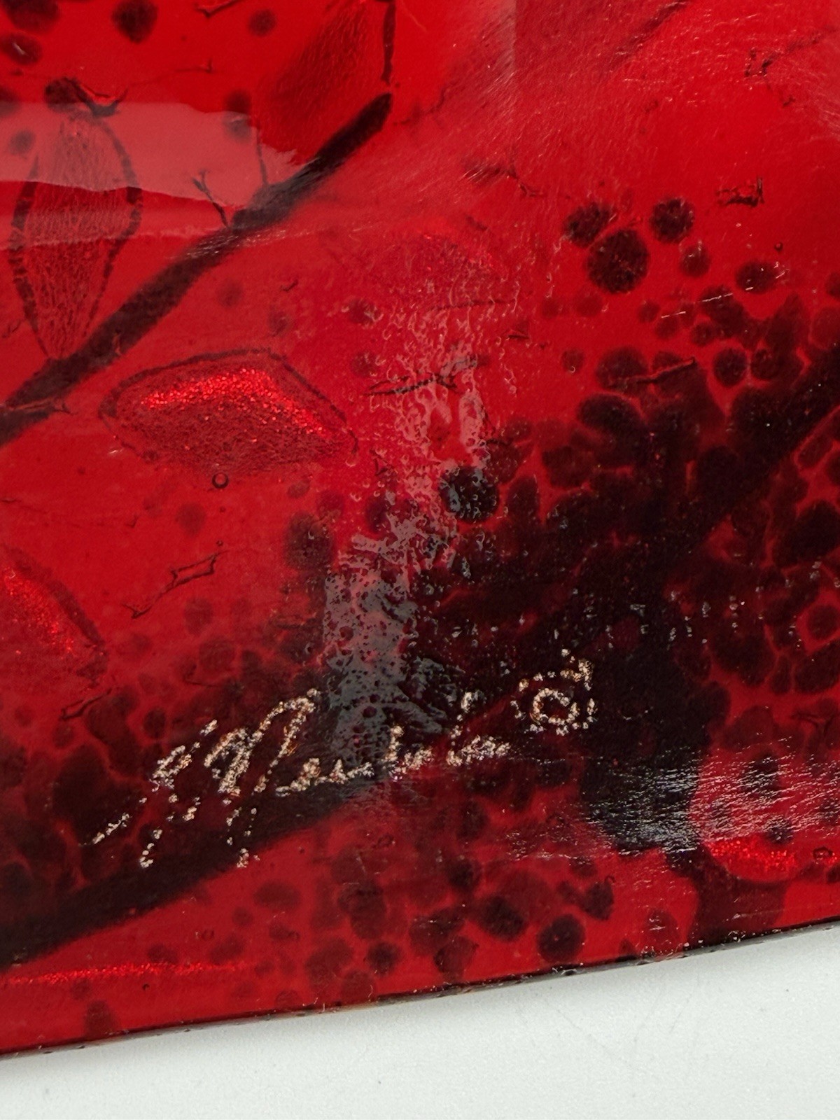 Fused Art Glass Red Green With Iridescent Leaves Rectangle Curved Decor Signed