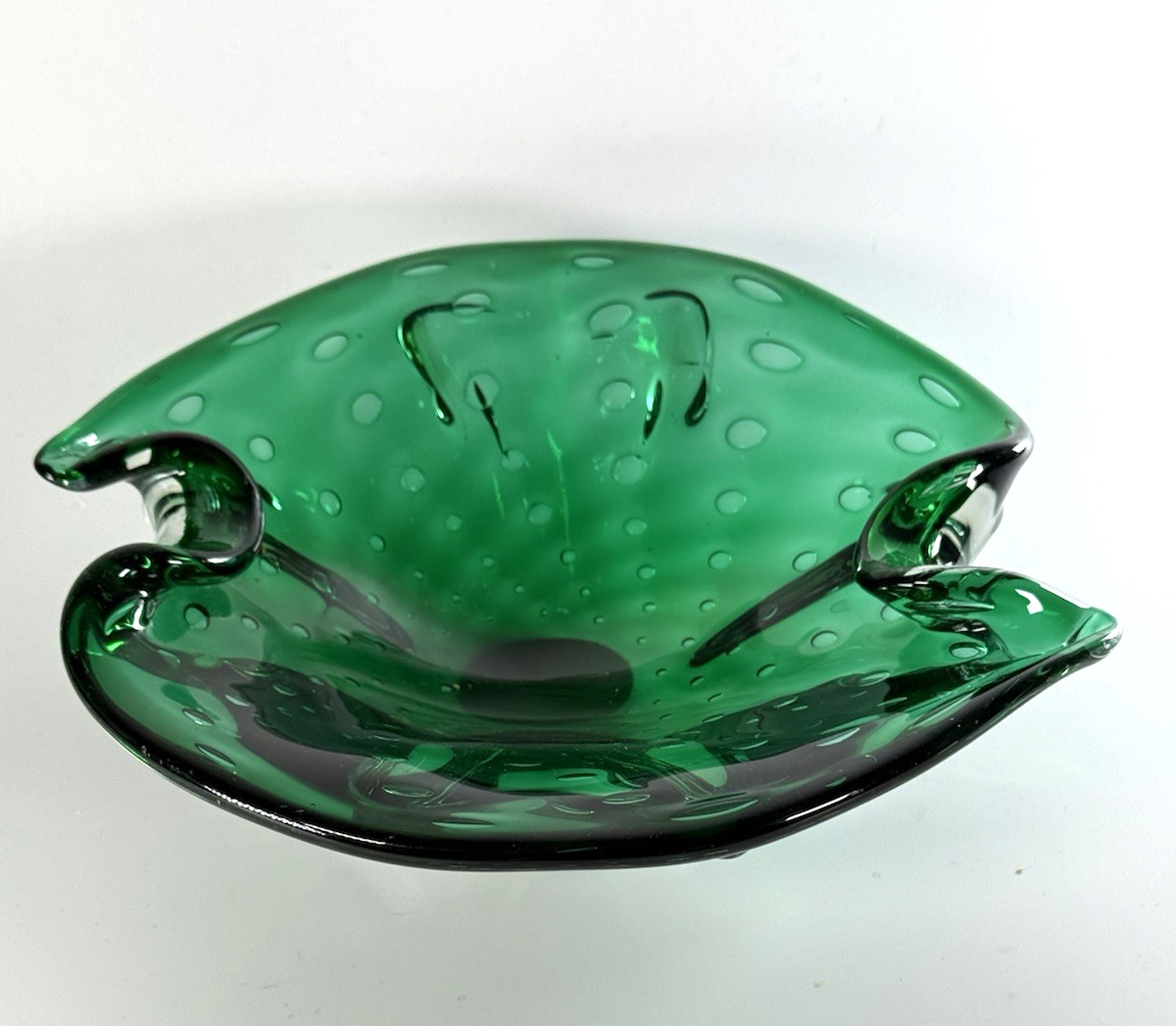 Hand Blown Controlled Bubble Dark Green Thick Glass Decor Bowl