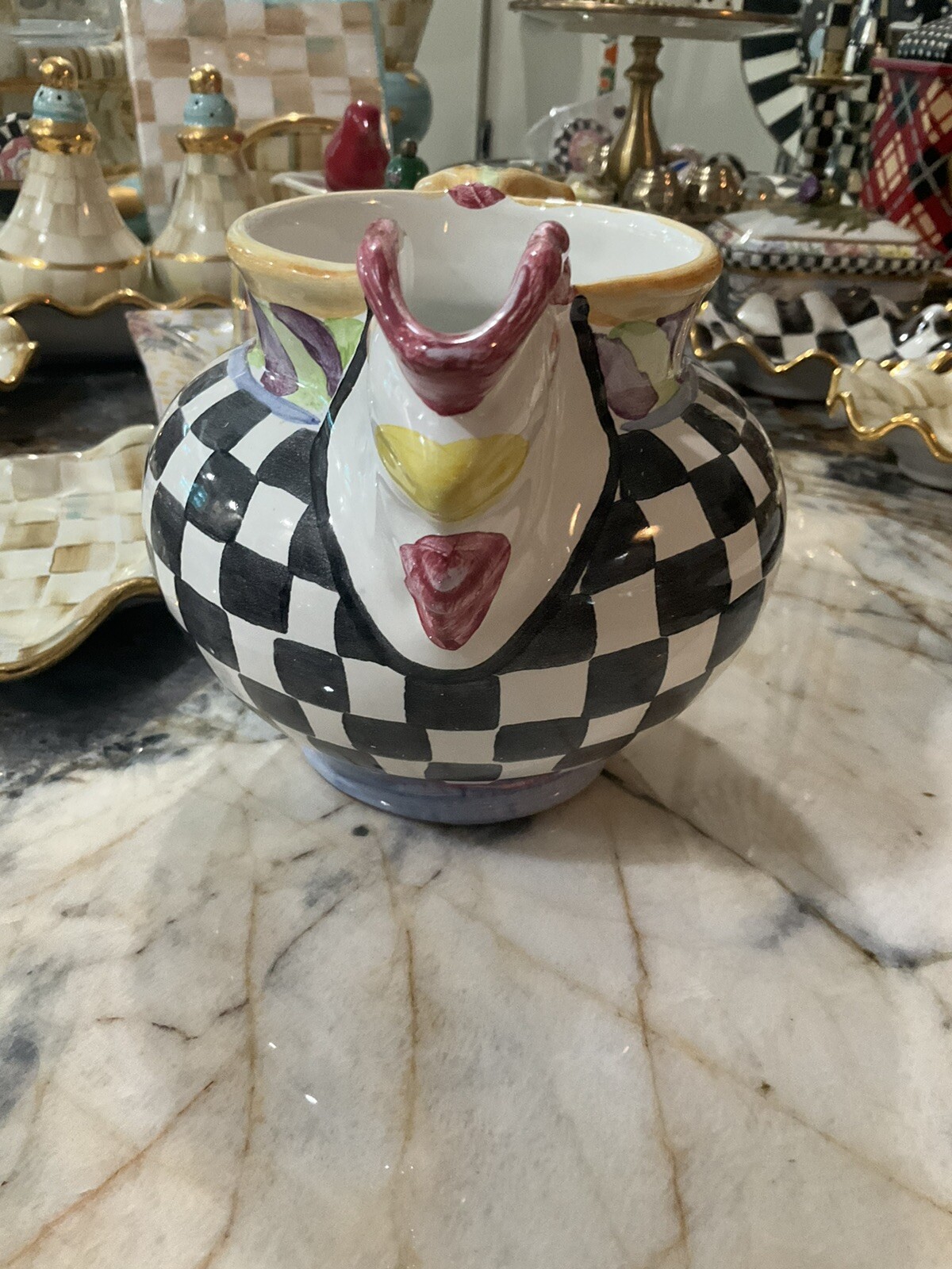 MacKenzie-Childs Piccadilly Chicken Ceramic Pitcher With Courtly Check