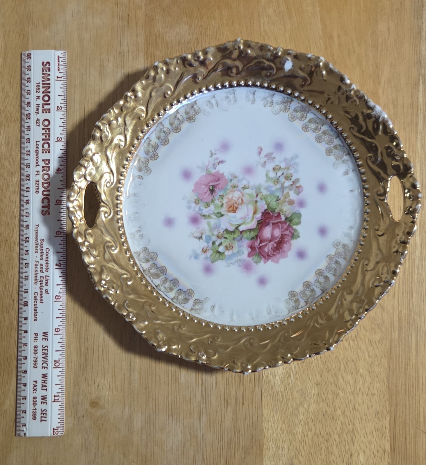 IPT Porcelain Floral Oval Platter with Handles, White Pink Green Gold Rim