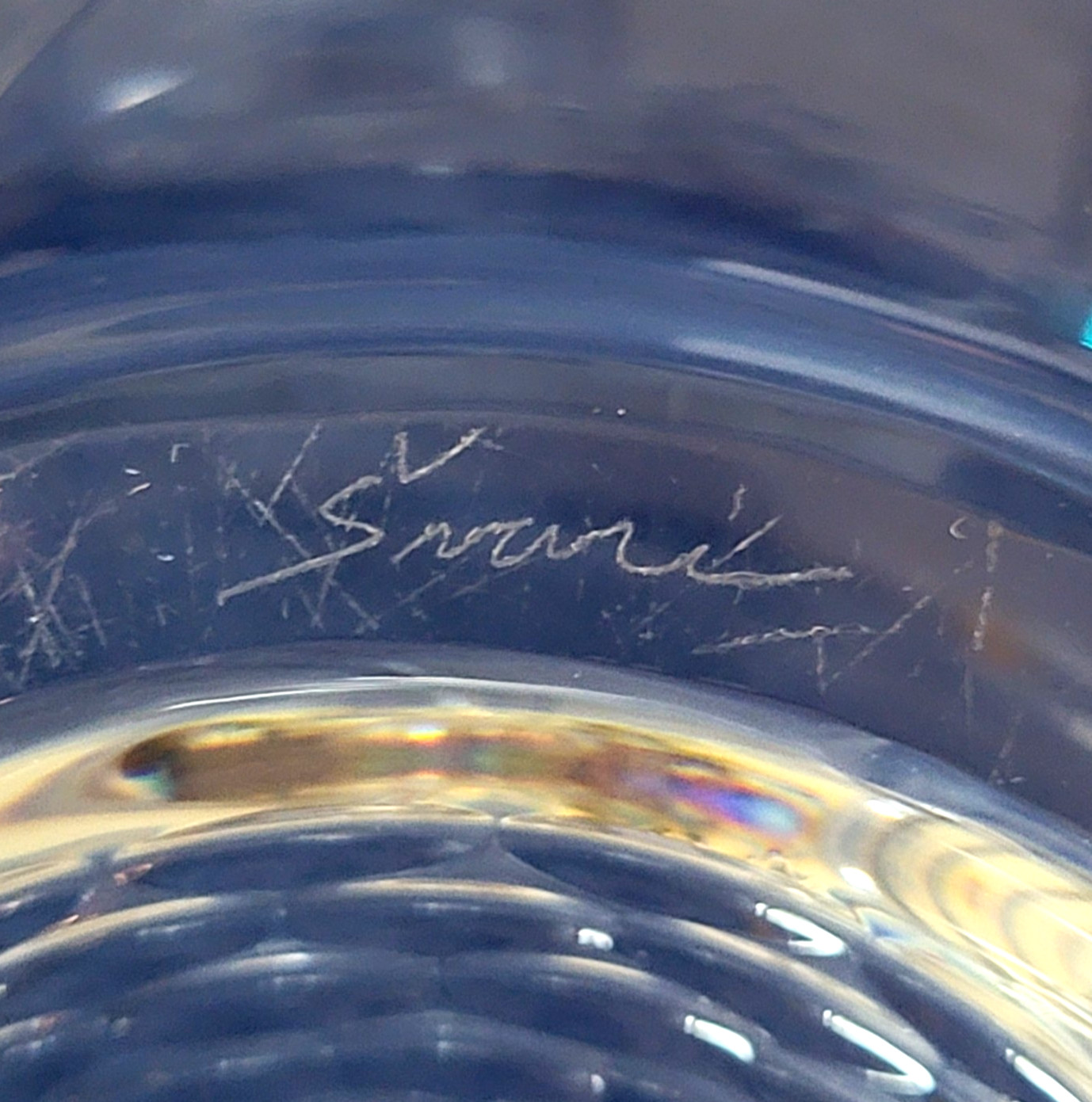 HTF Signed Josef Svarc 13.25″W Intaglio Cut Crystal Console Bowl Wheat Czech