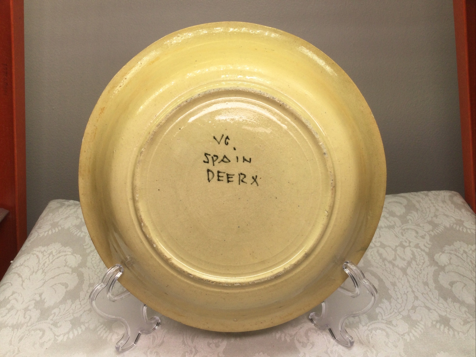 Antique Ceramic Earthenware Bowl Hand Painted Signed VG DEERX Spain 9.75”D