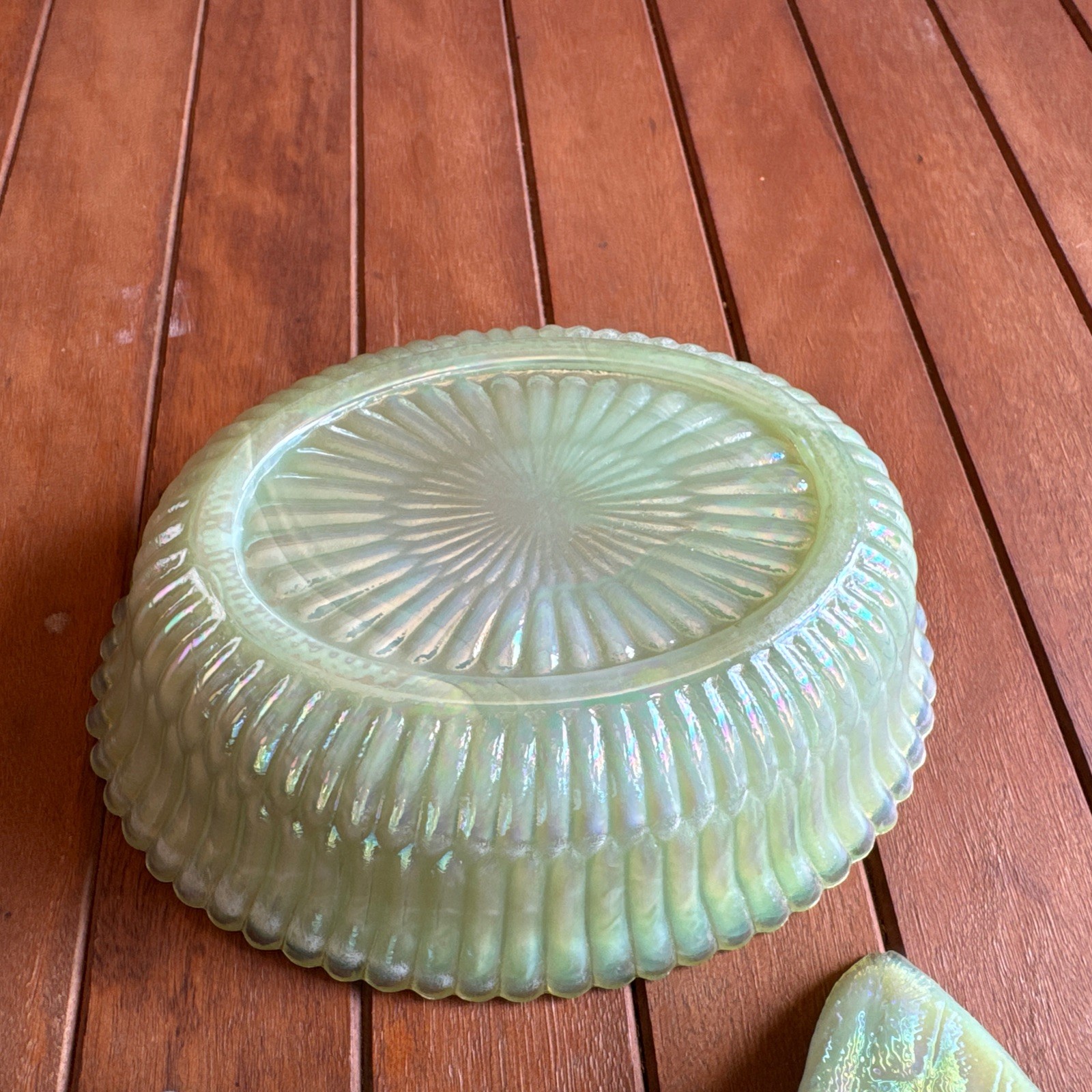 Jade Green Carnival Glass Iridescent Hen on Nest Westmoreland Nesting Chicken