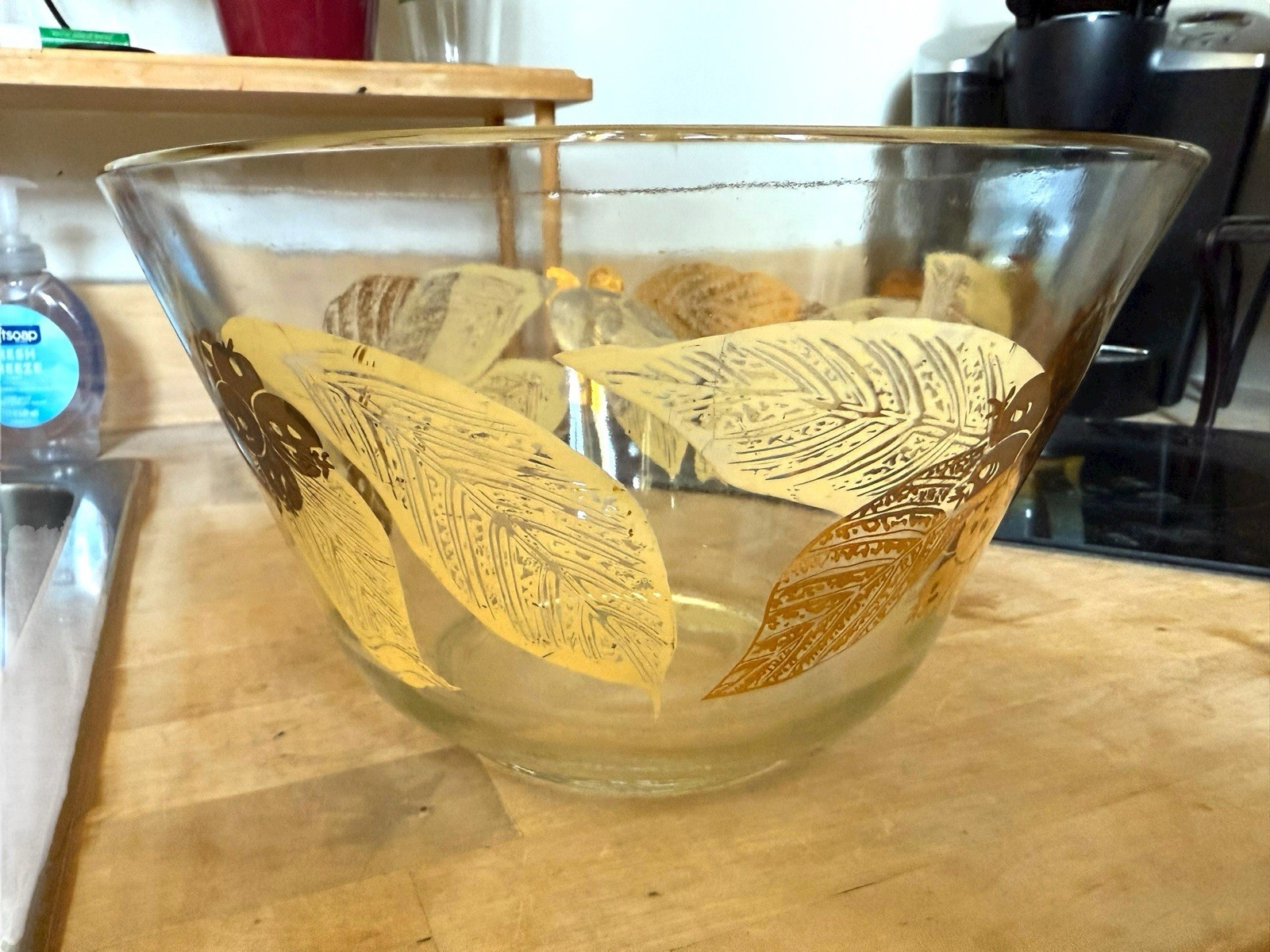 Vintage MCM Glass Snack Bowl Anchor Hocking Retro Gold Painted Fruit and Leaves
