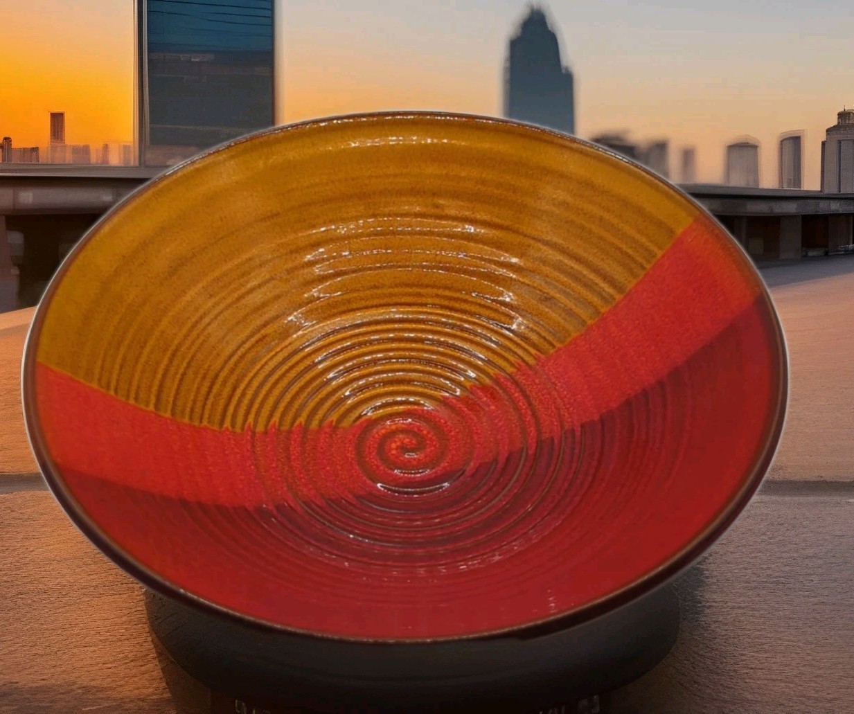 Studio Art Pottery Bowl Artist Signed Ombré Colored Design Yellow/Orange/Red 8in