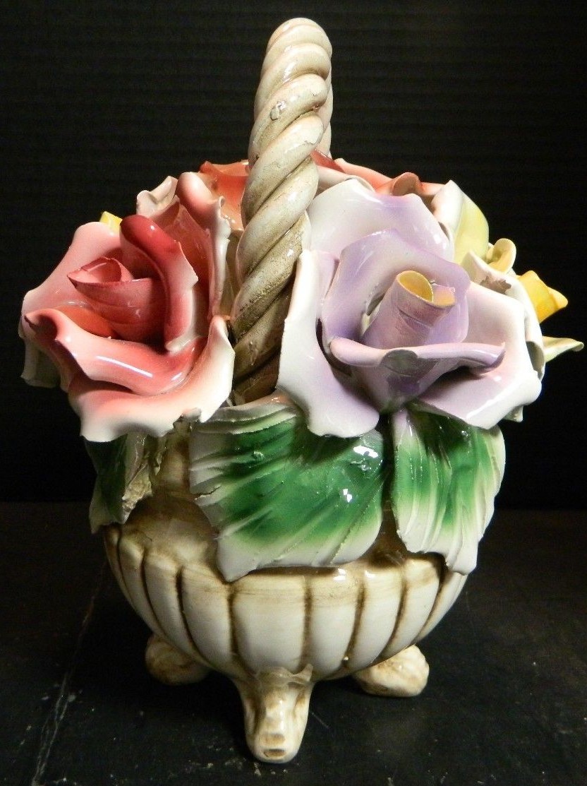 Vintage Large N Capodimonte Footed Roses Basket 9″ x 6.75″ x 7″ Excellent Cond