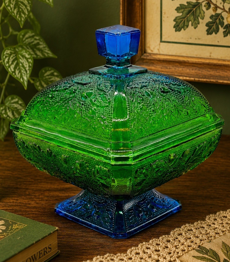 Jeannette Glass Acorns & Oak Leaves Blue Green Flash Covered Vintage Candy Dish