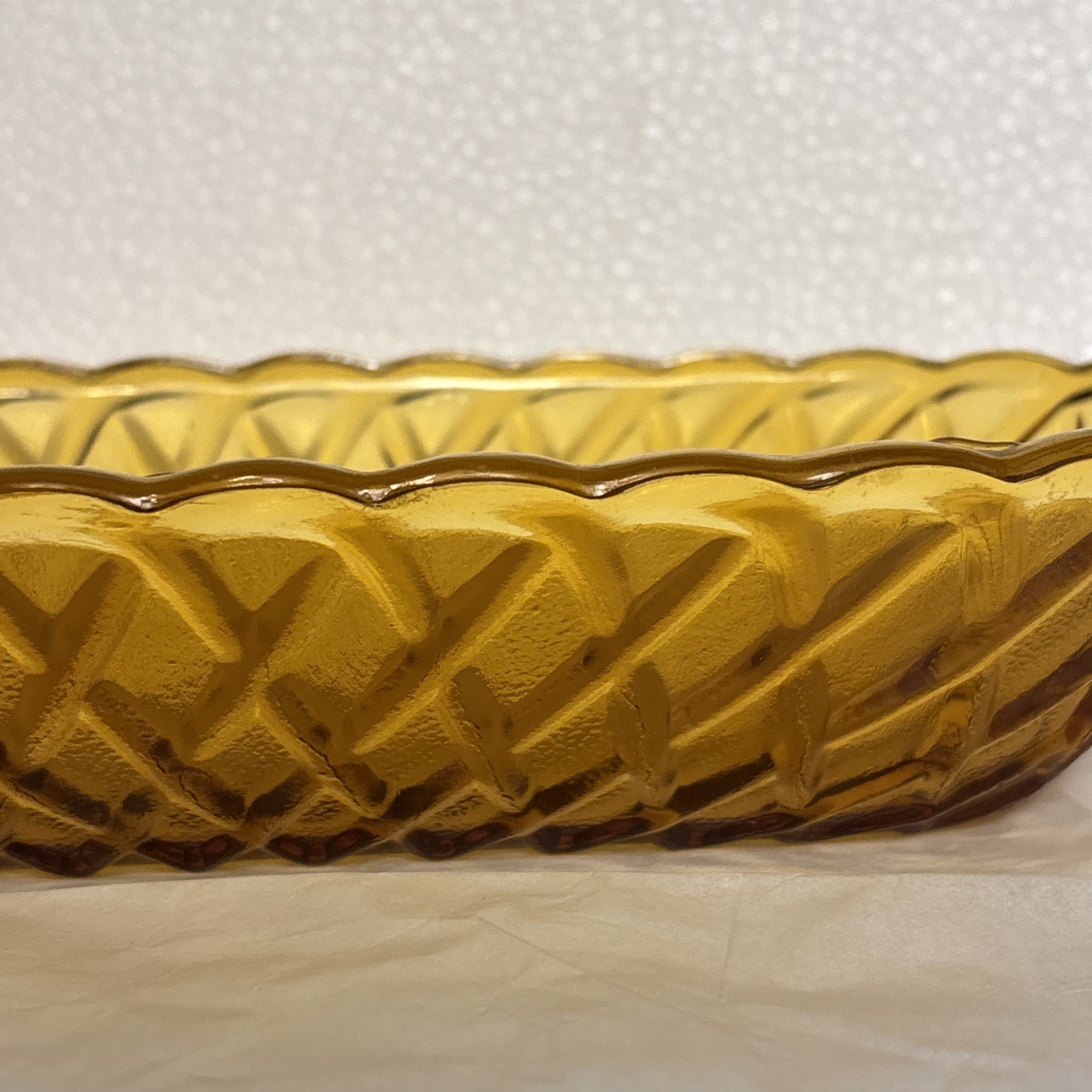 Amber Indiana Glass Oblong Celery Dish w/ raised basket weave design