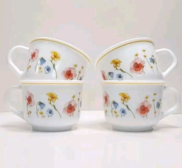 Arcopal France – Milk Glass Tea Cups Hibiscus, Lily, Bluebell Flowers – Set of 4