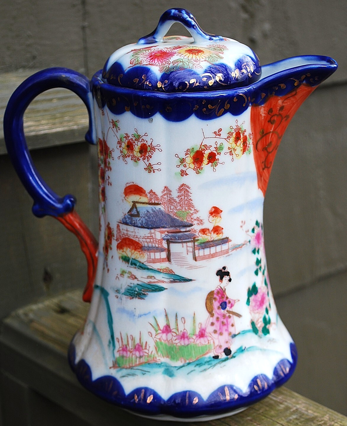 Antique Hand Painted Porcelain JAPANESE GEISHA SCENE Chocolate Pot w/ Lid COBALT