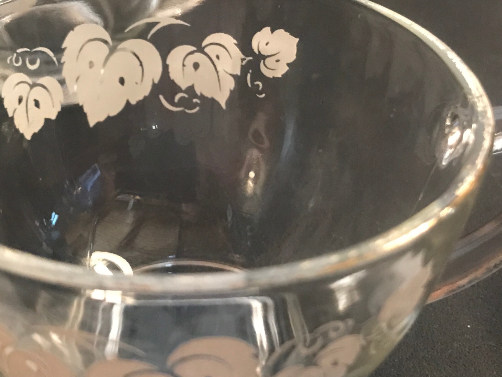 Vintage Glass Gooseberries Print Punch Bowl Set White Leaves with Gold Rim
