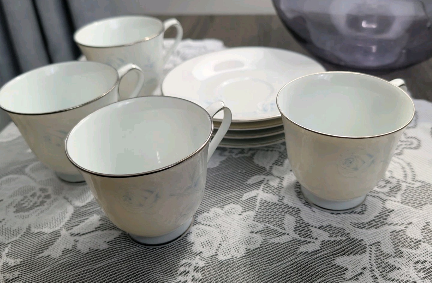 Noritake Virtue Tea Cup and Saucer Platinum Trim White & Blue Japan 2934 Vintage