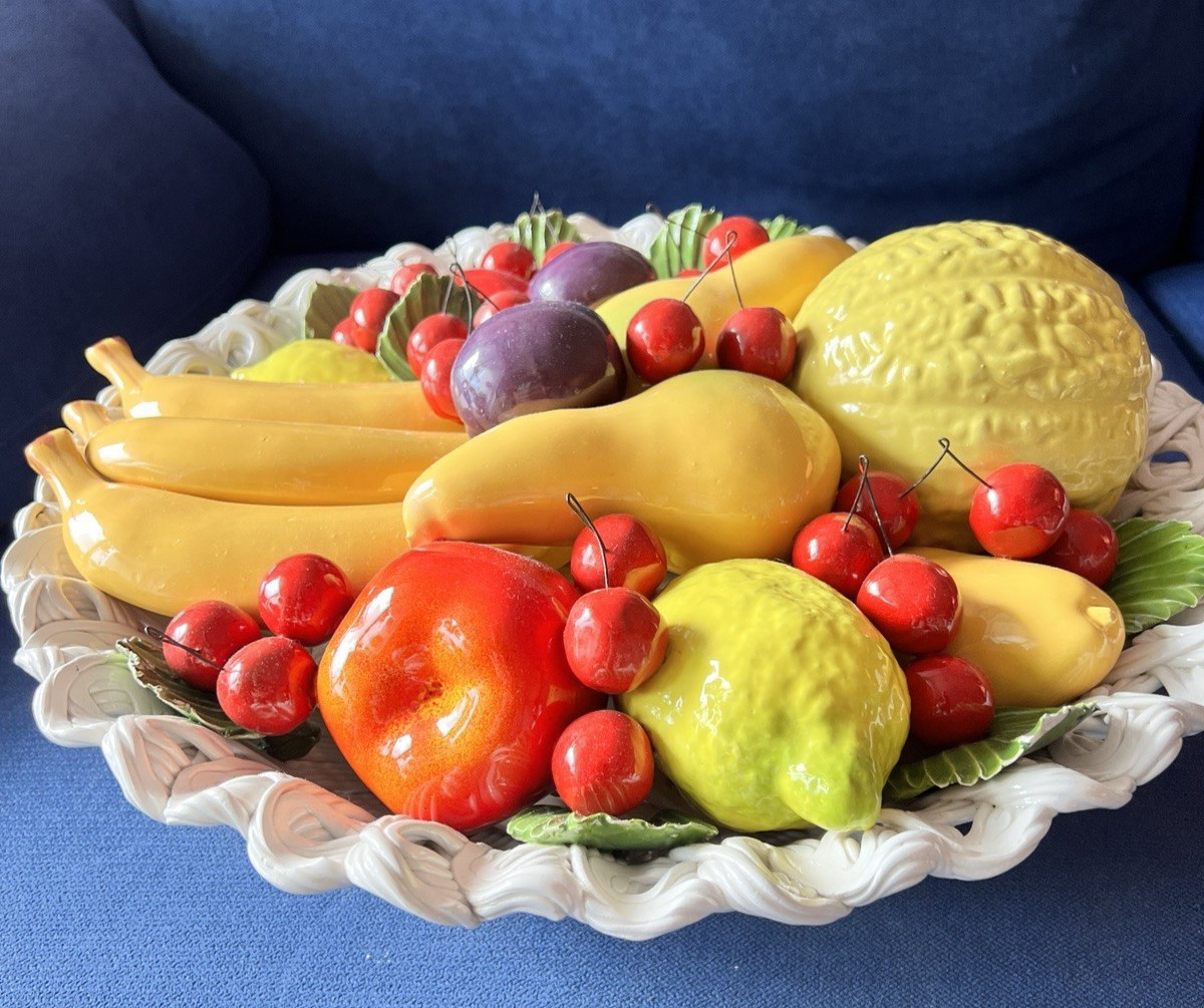 1960s Italian Capodimonte Ceramic Fruit Centerpiece 17”D ITALY MCM Colorful