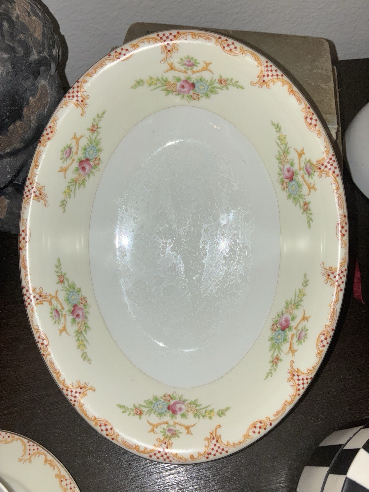 Porcelain Floral Oval Platter White Pink Green Gold, Glossy Finish