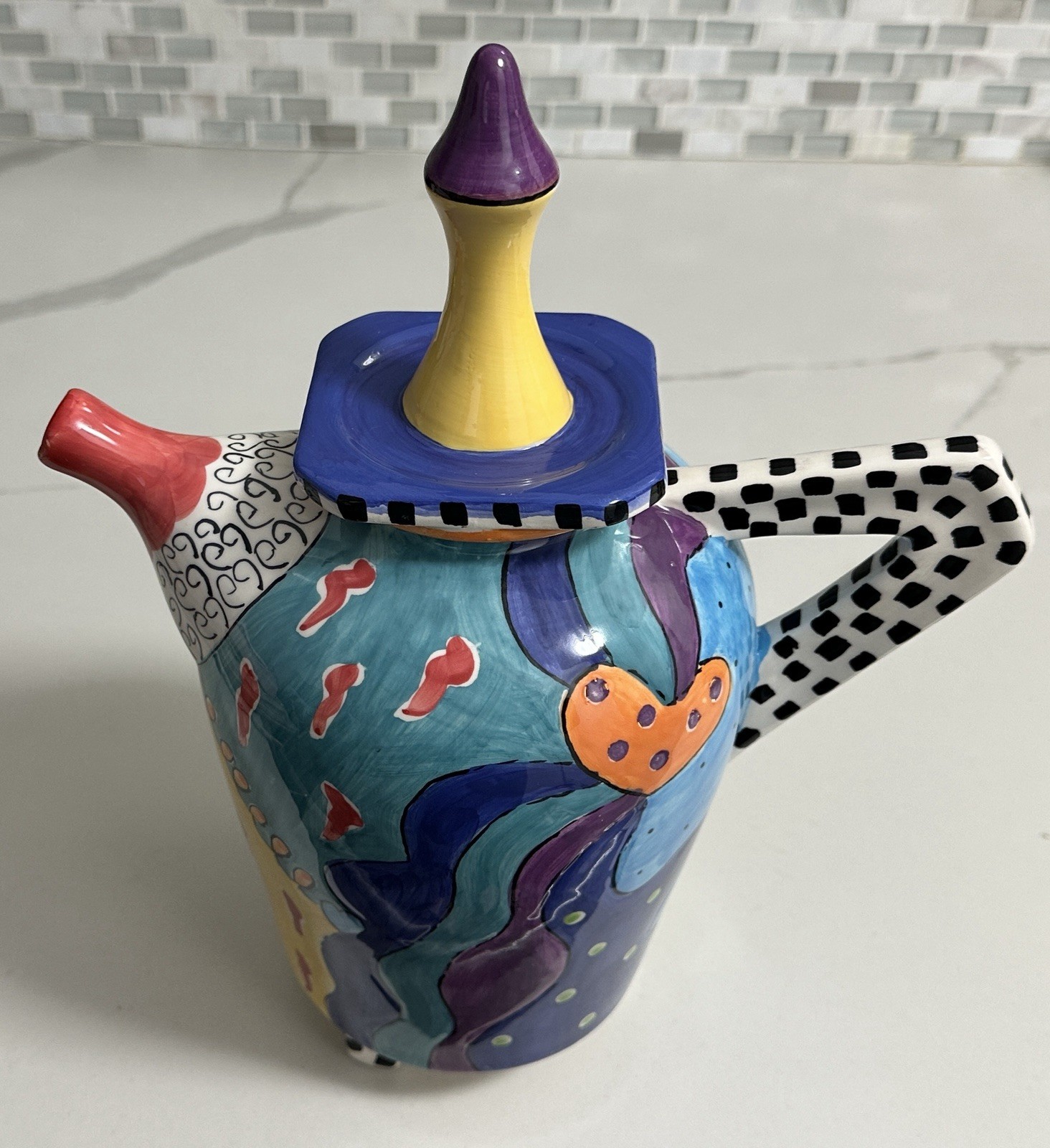 Kat Taylor Designs 11” Ceramic Teapot Hand Painted Art Pottery Whimsical Alice