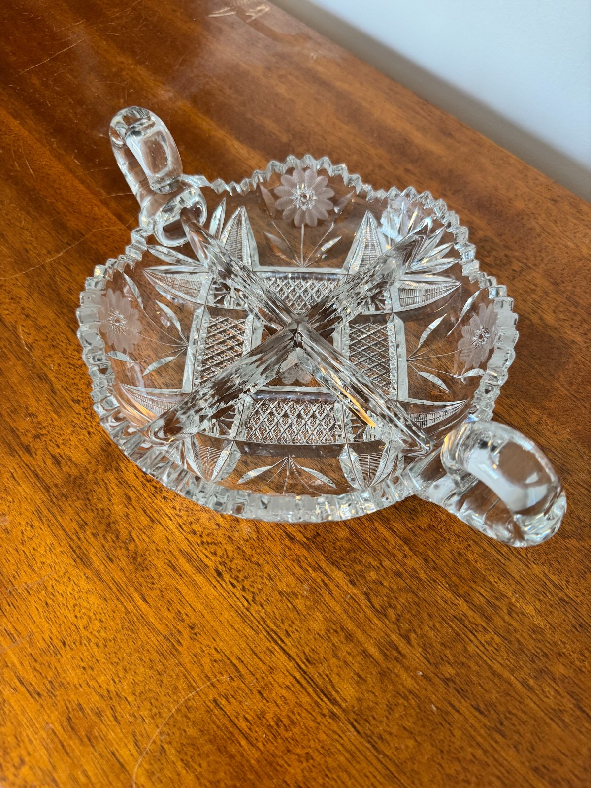 Pretty Vintage Cut Glass Divided Relish Dish with Handles – Starburst 11″x8″