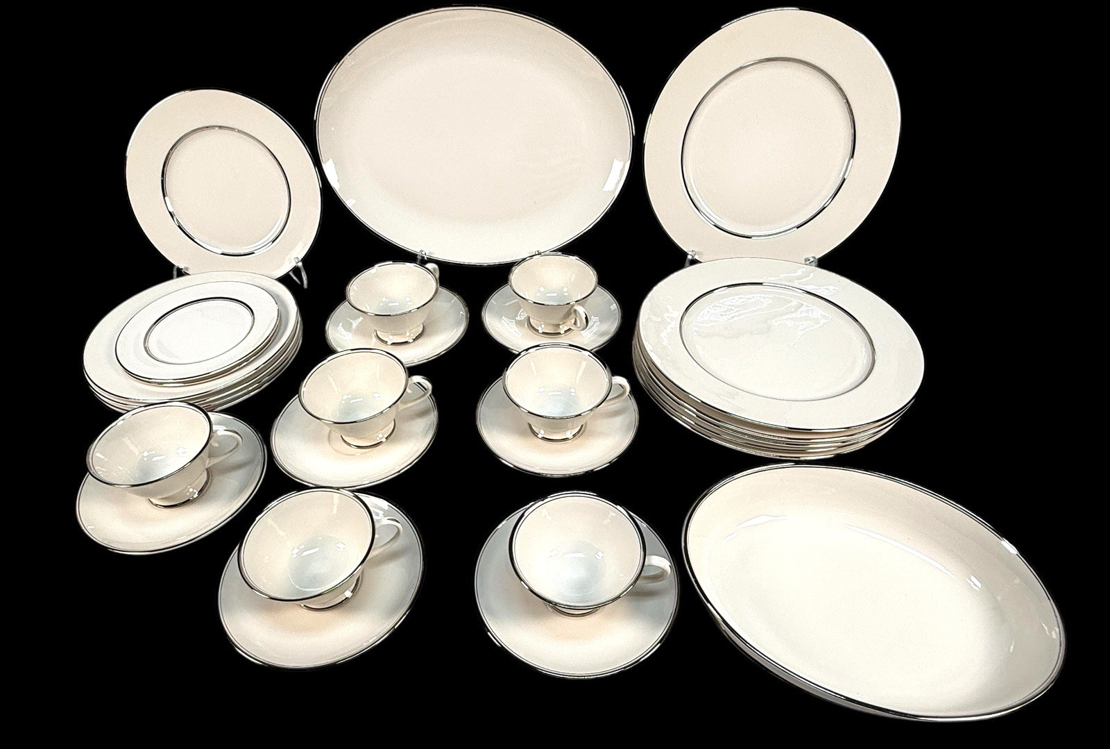 Vintage Flintridge China Mirador Bon-Lite Platinum Trim Dinnerware Set 29pc MCM