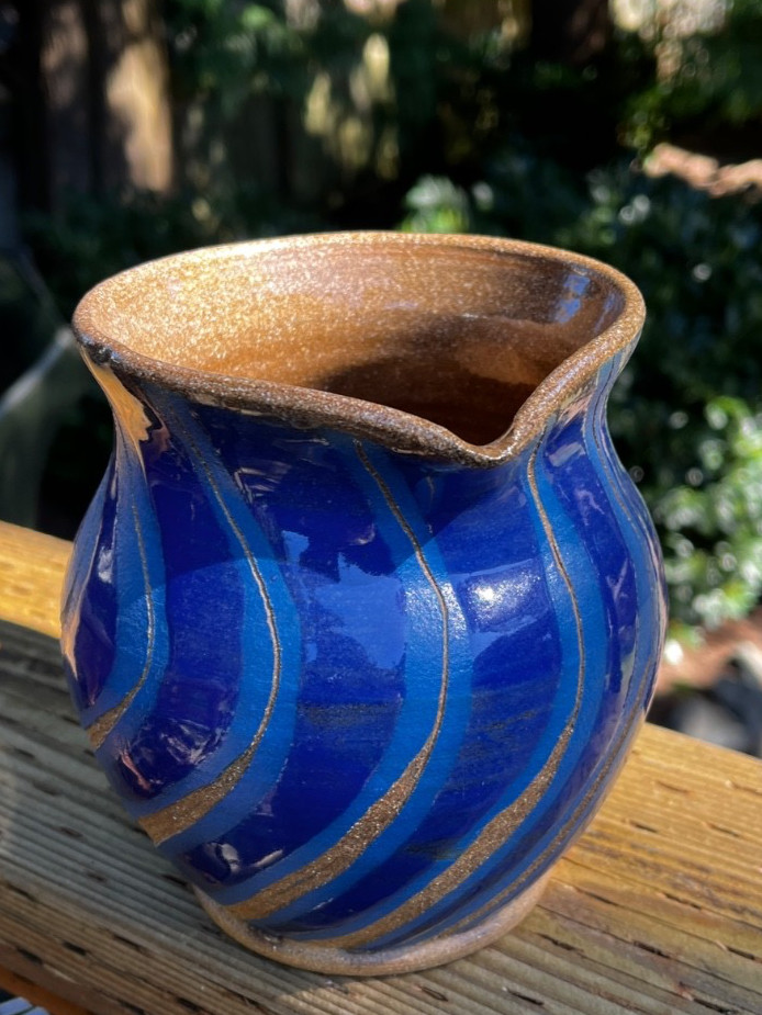 Vintage Hand Thrown Pottery Pitcher Vase Blue Tan Glazed Studio Art Signed OOAK