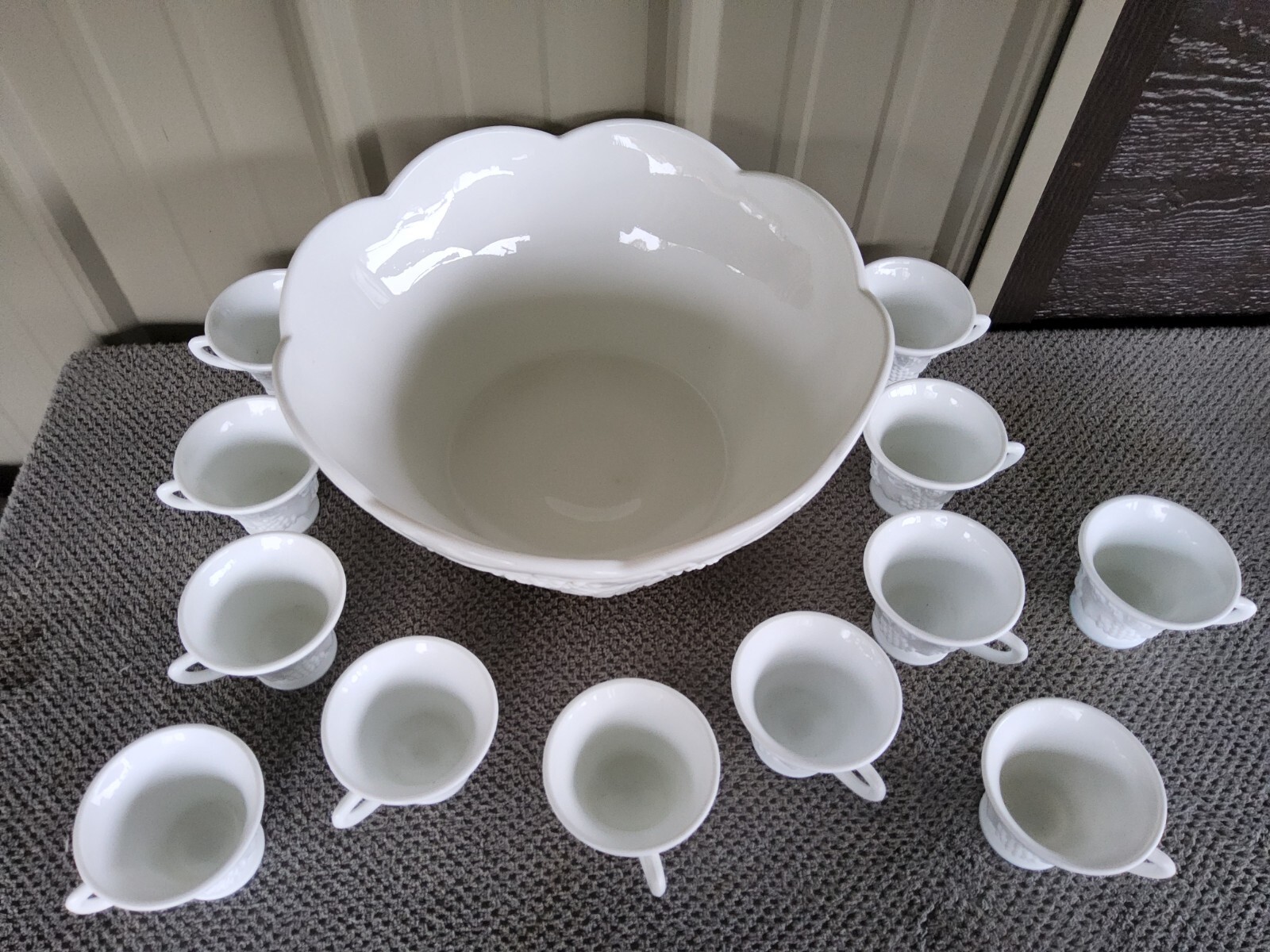 Vintage- COLONY Harvest Milk Glass Punch Bowl And Cup Set
