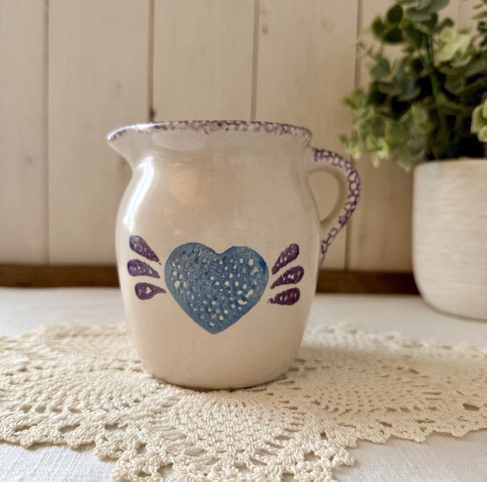 Vintage Blue Heart Spongeware Stoneware Creamer – Country Cottage Pitcher