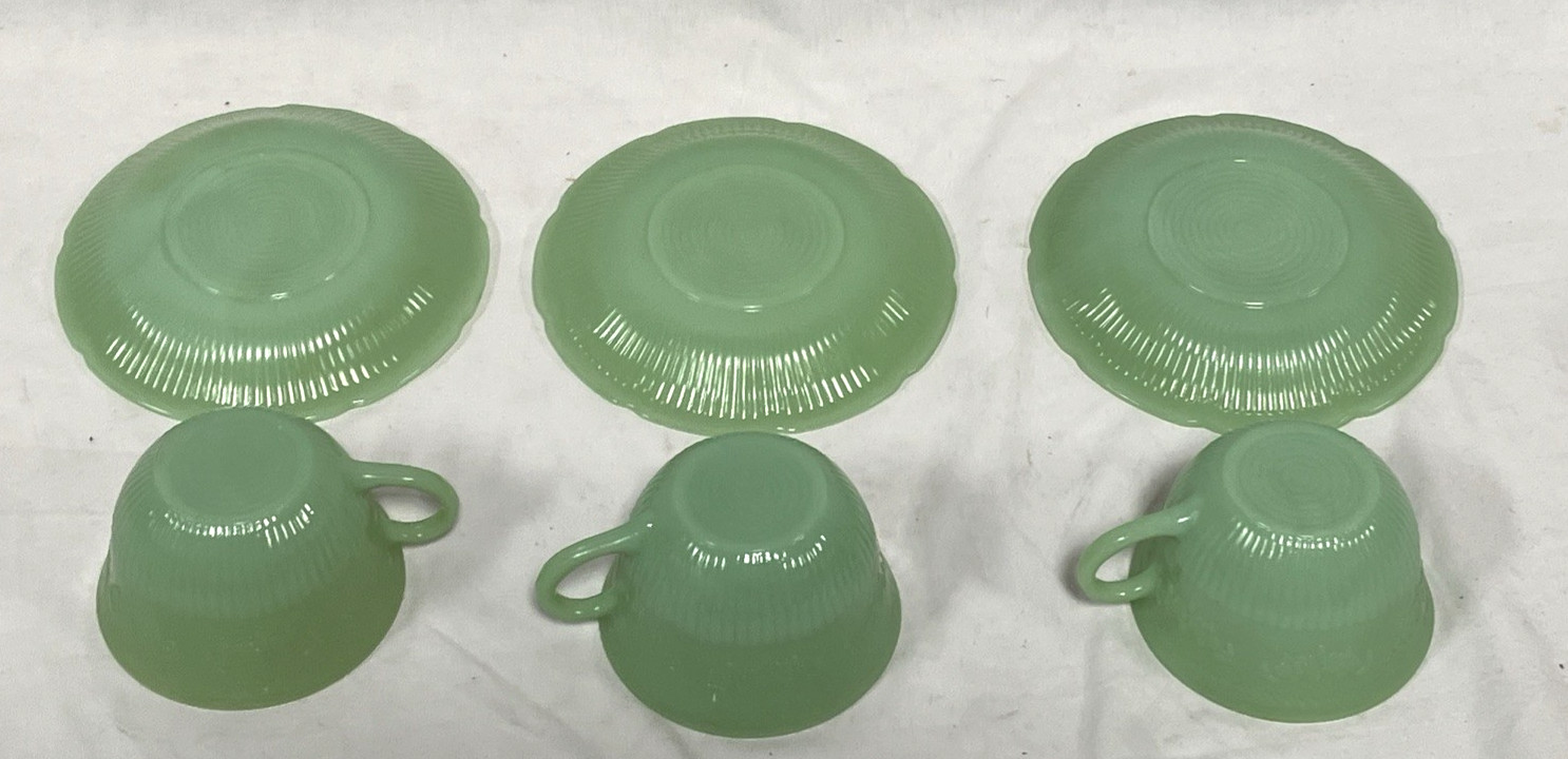 Fire-King Alice Jadeite Green Dish Lot 3 Cup & Saucer Sets + 4 Bowls